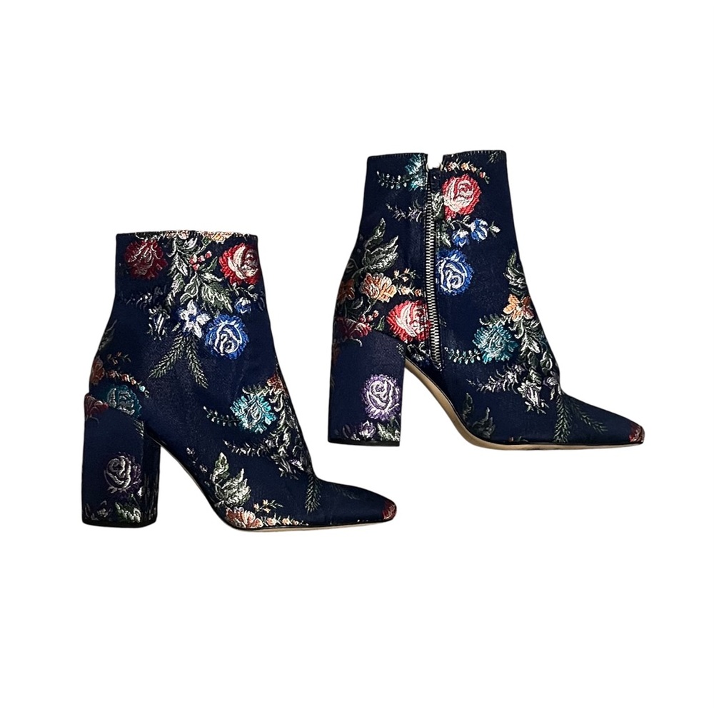 Zara Multicolor Floral Royal Blue Satin Ankle Boots Size 8